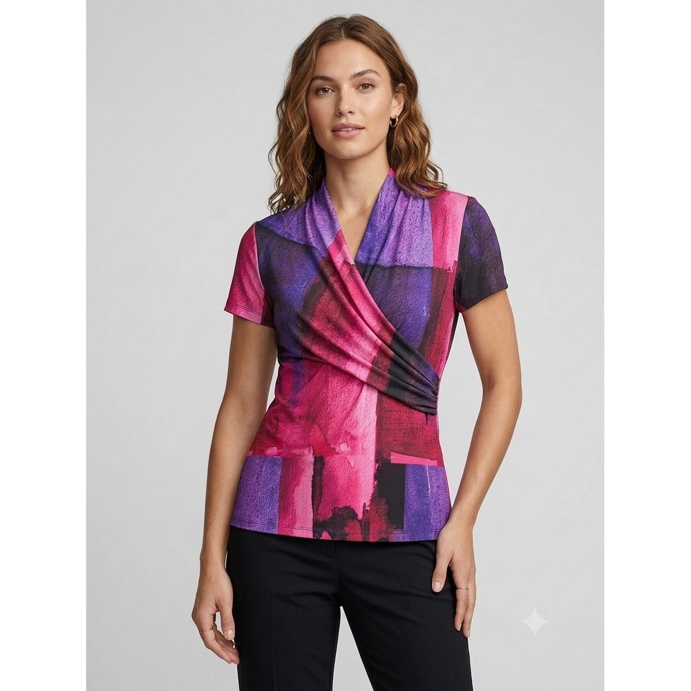 New DKNY Blouse Top Sz Large Stretch Crossover Draping Abstract Print V-Neck